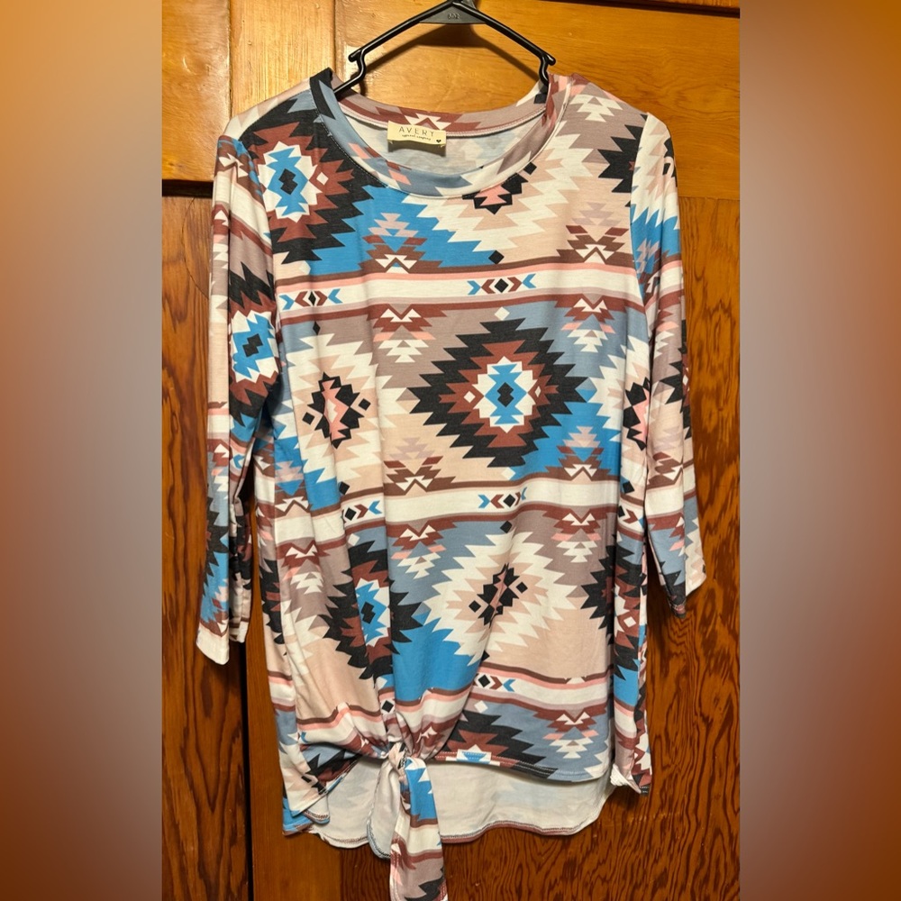 Ava & Viv Blue, Pink and Brown Aztec Tie-Front Long Sleeve Top